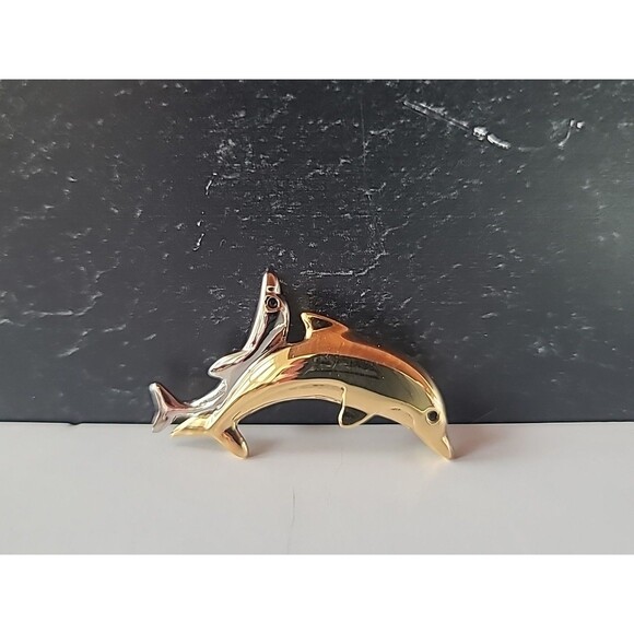 Two Toned Dolphin Shaped Brooch Vintage Costume Jewelry - Picture 7 of 10